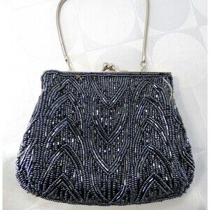 Vintage Dark Gray Beaded Evening Bag with Strap Metal Closure